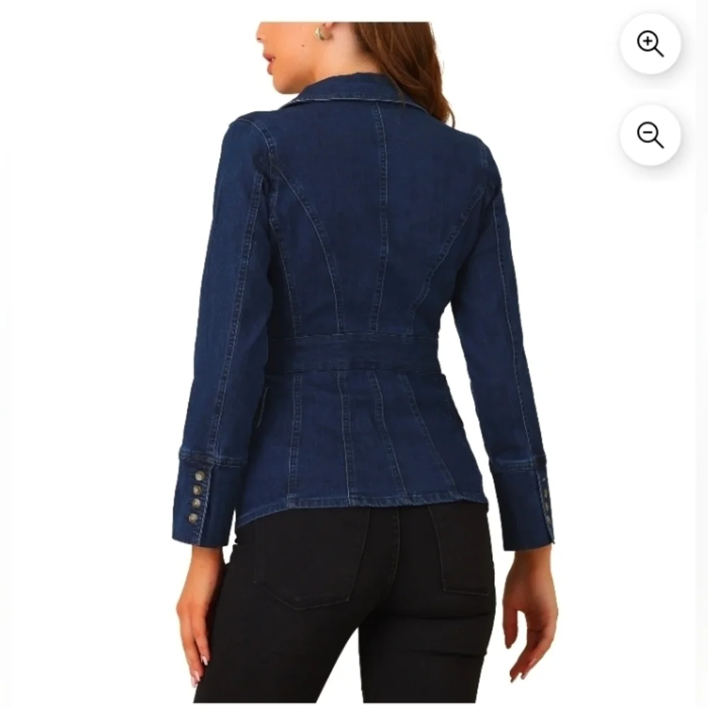 Allegra K Women's Notched Lapel Long Sleeve Button Denim Jacket with Pockets